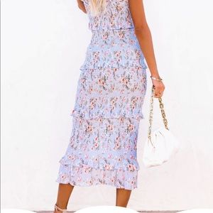 BE MY GUEST FLORAL SMOCKED RUFFLE MIDI DRESS
